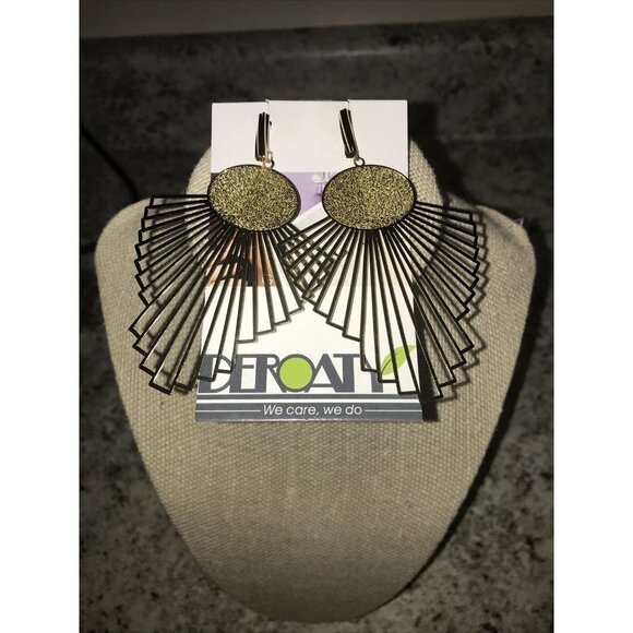 Deroaty Art Deco Statement Drop Dangle Earrings Gold Tone w/Hard Case - Picture 2 of 7
